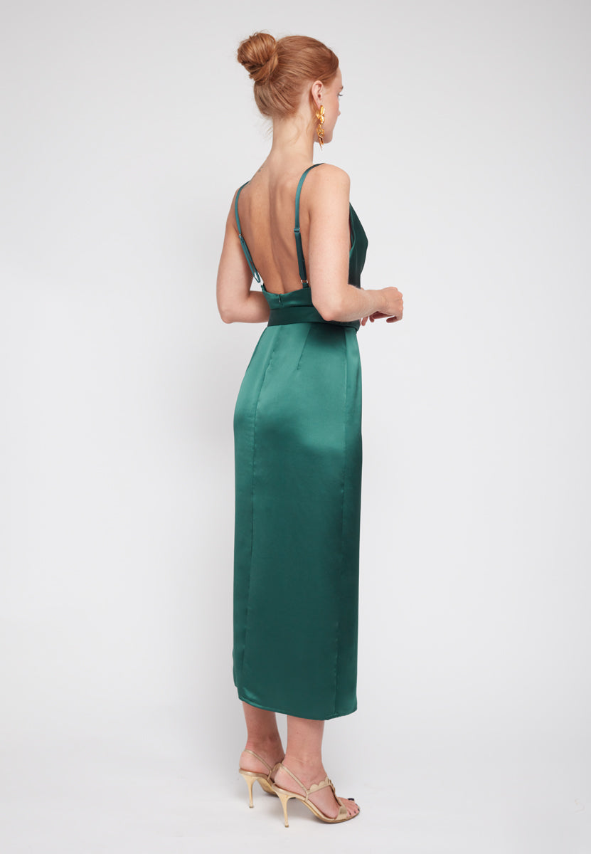 Dark green satin midi cocktail dress KAMEA