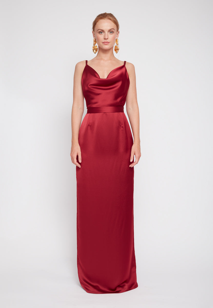 AMILA Deep Red Maxi Evening Dress - Front View