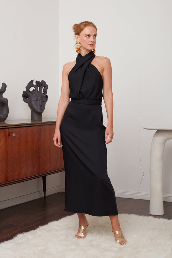 CELIA Black X Neck Midi Party Dress - Elegant and Glamorous