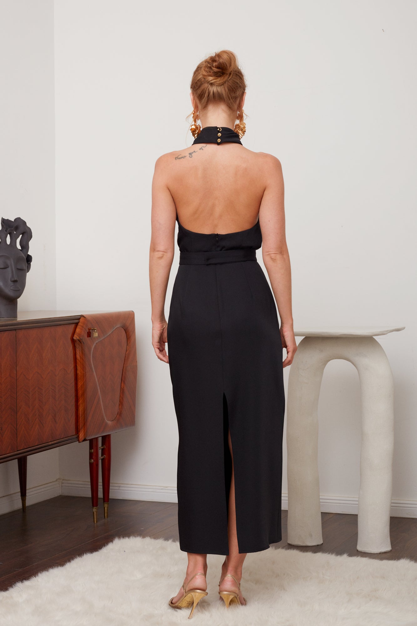 CELIA Black X Neck Midi Party Dress - Modern and Fashionable