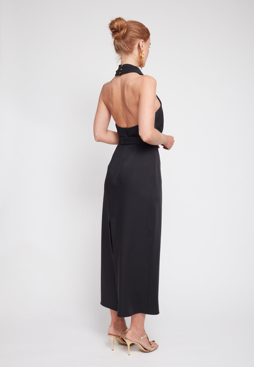 CELIA Black X Neck Midi Party Dress - vaizdas iš nugaros