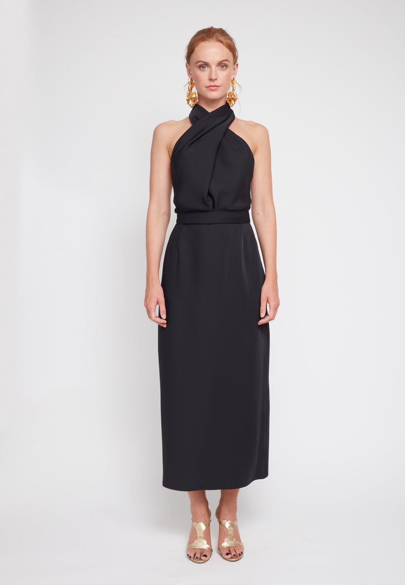 CELIA Black X Neck Midi Party Dress - Front View