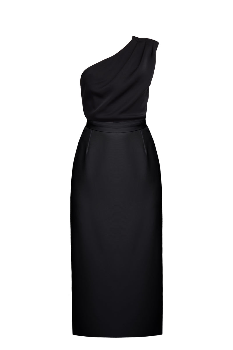AISHA Black One-Shoulder Midi Cocktail Dress