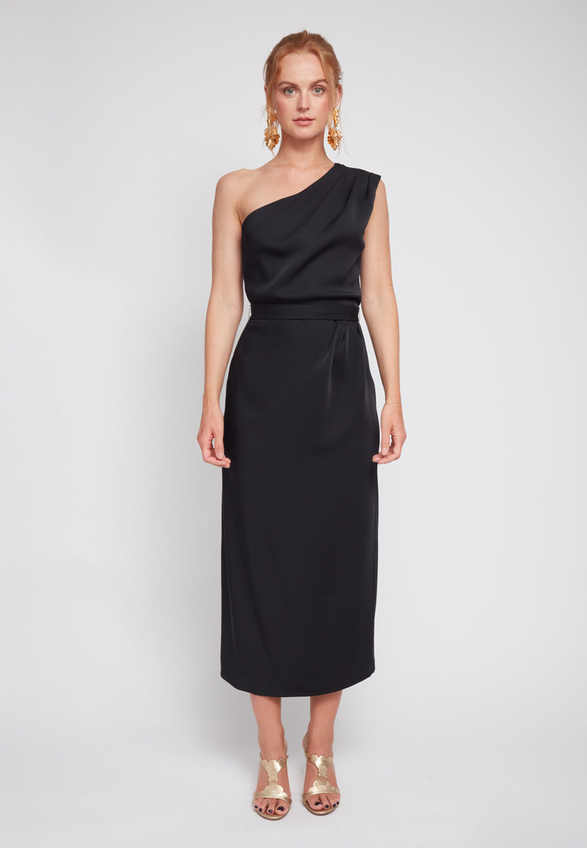 AISHA Black One-Shoulder Midi Cocktail Dress - Front View