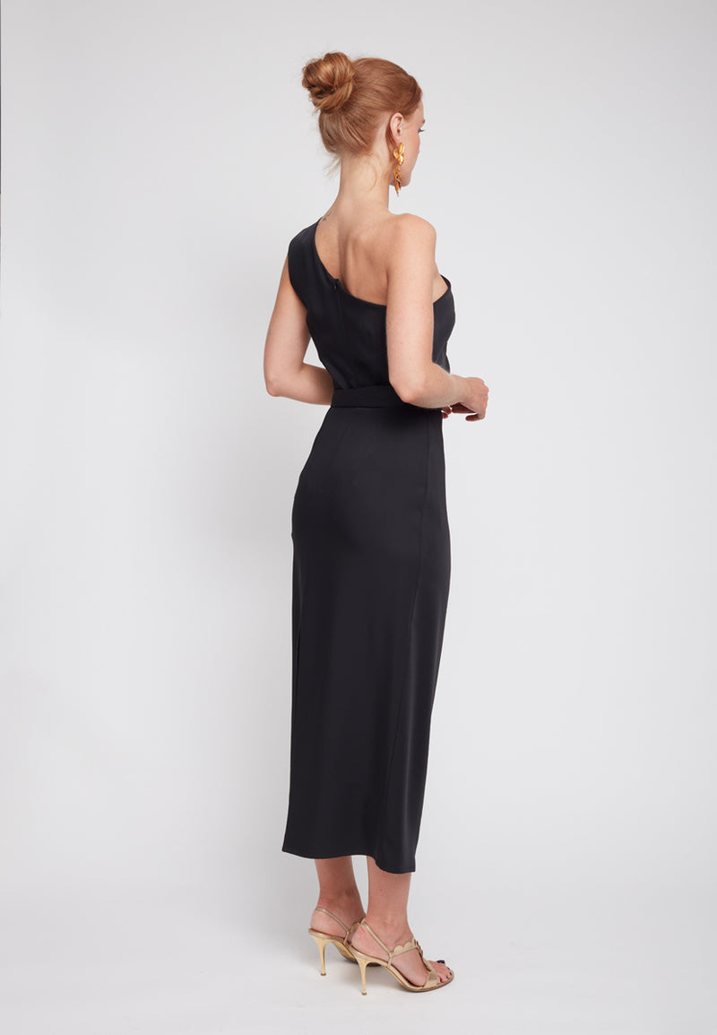 AISHA Black One-Shoulder Midi Cocktail Dress - Back View