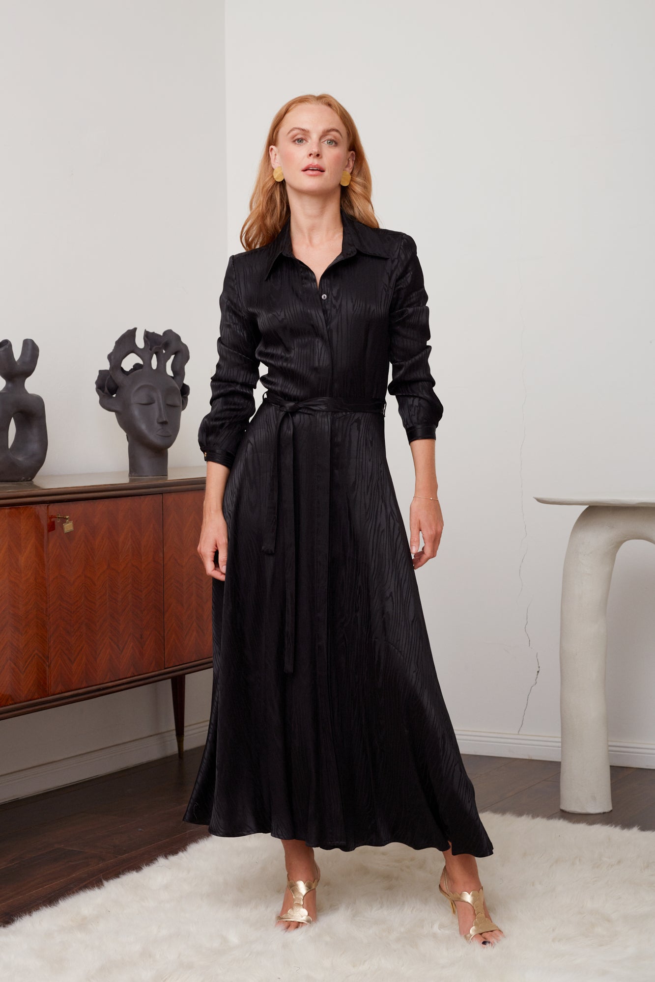 Black Midi Shirt Dress from Jacquard Viscose PAOLA | UNDRESS Black Midi Shirt Dress from Jacquard Viscose PAOLA | UNDRESS