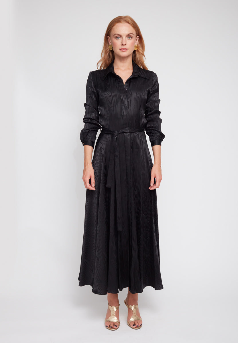 PAOLA Black Jacquard Viscose Shirt Midi Dress - Front View