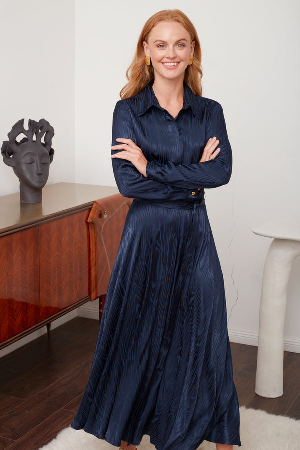 PAOLA Blue Jacquard Viscose Shirt Dress - Flattering Circle Skirt Design