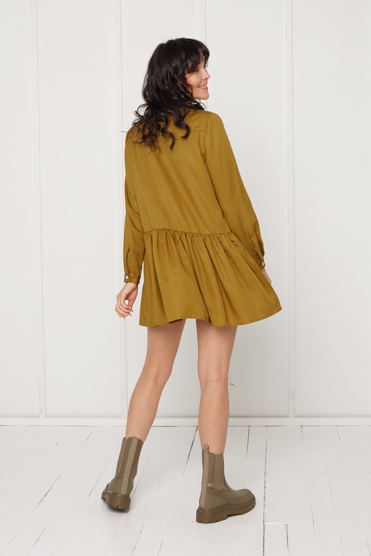 DANA tencel shirt dress with front frill in olive green