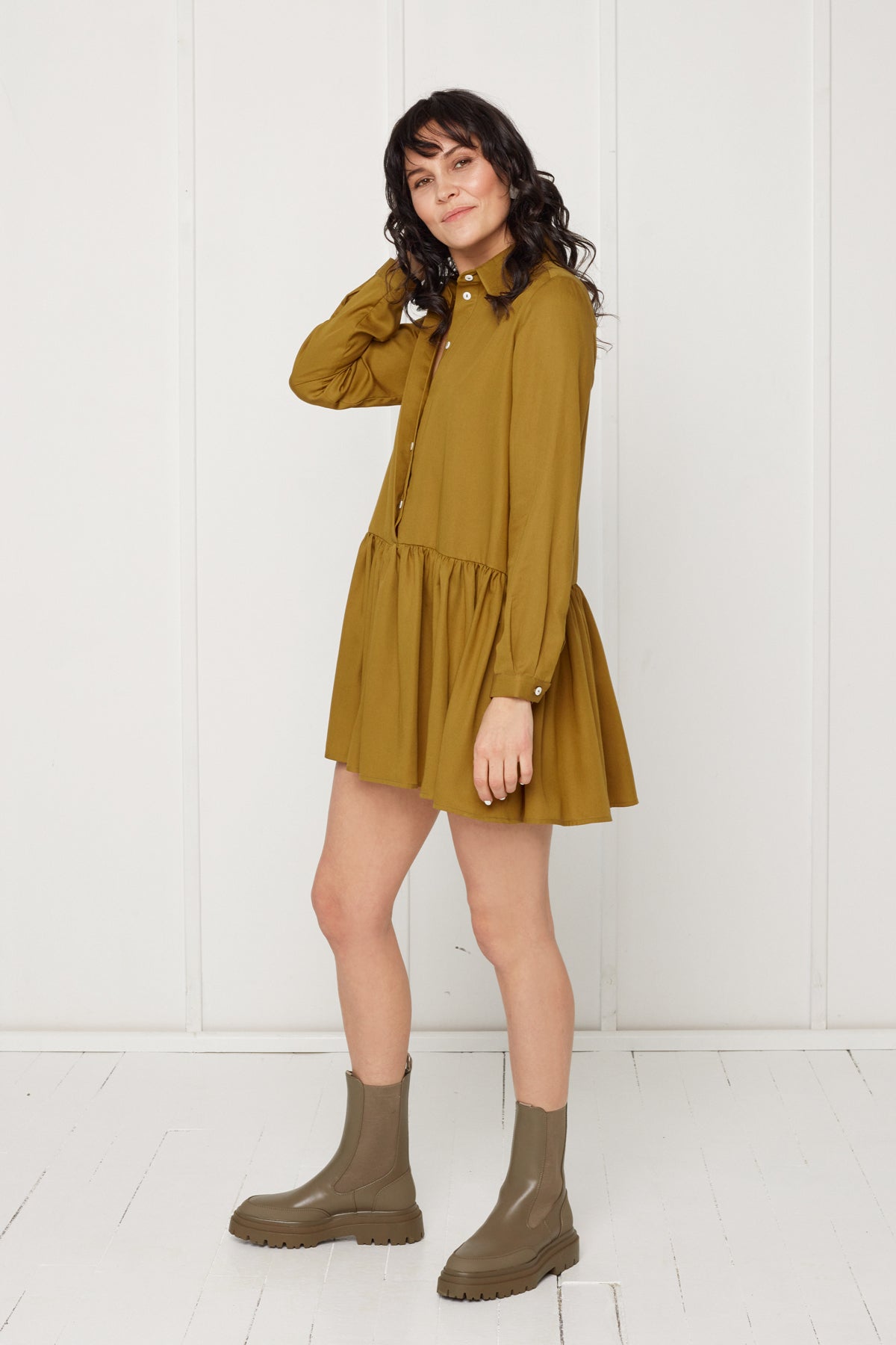 DANA tencel shirt dress with front frill in olive green