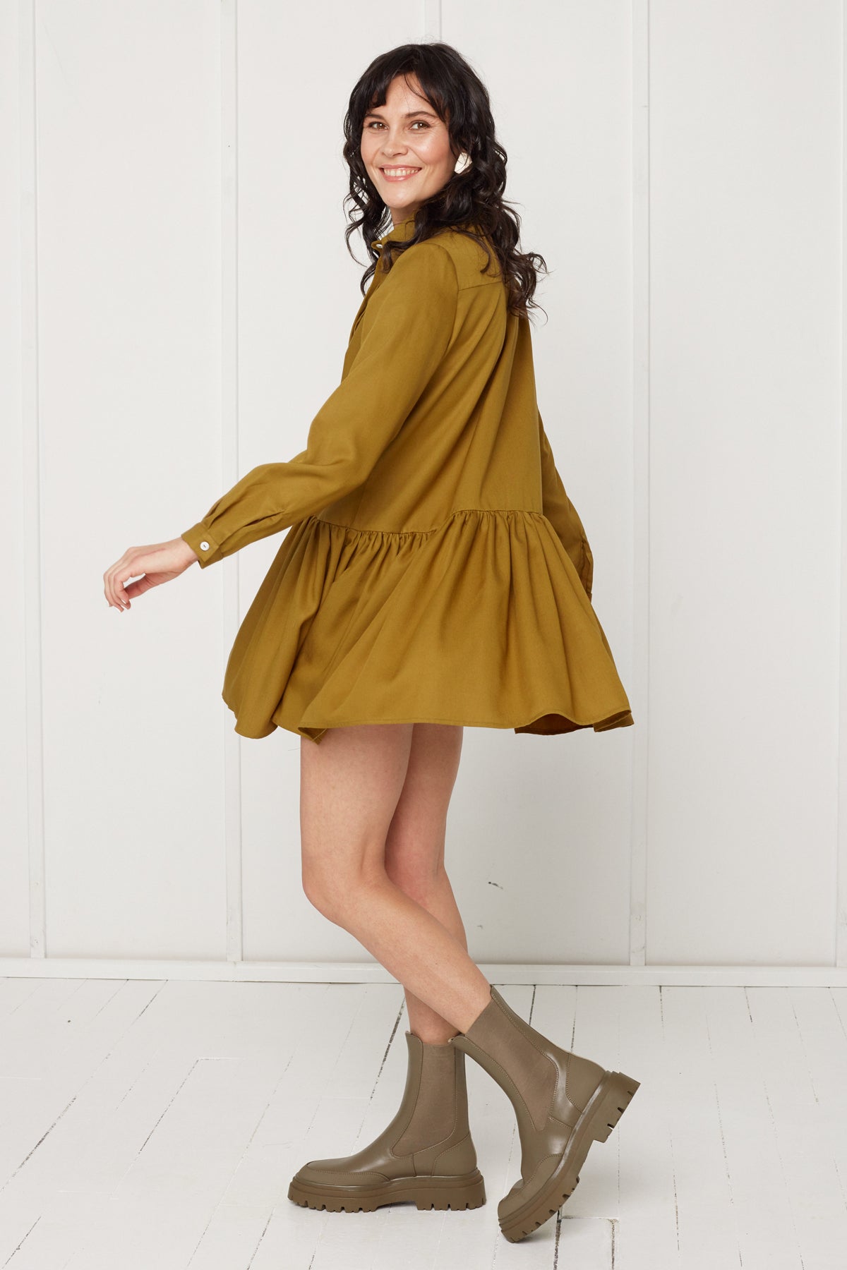 DANA tencel shirt dress with front frill in olive green