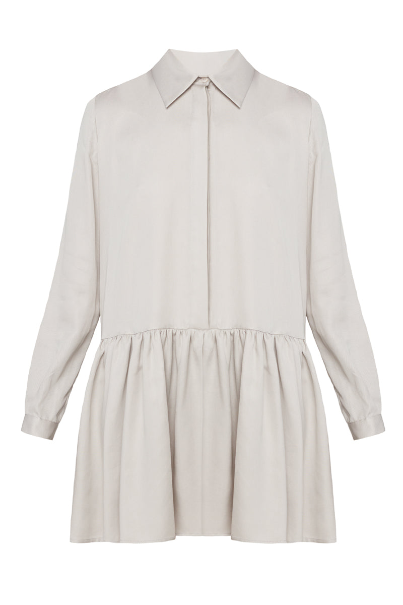 DANA tencel shirt dress with front frill in light grey