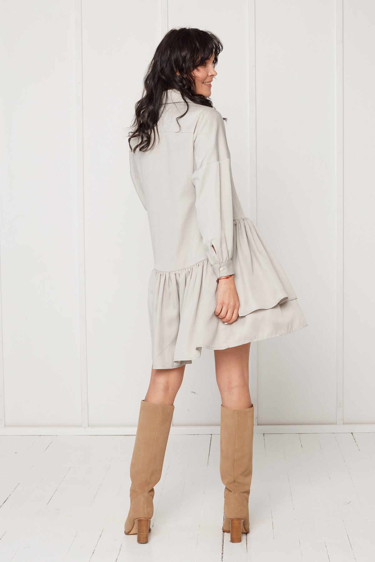 EVA tencel shirt dress with double front frill in light grey