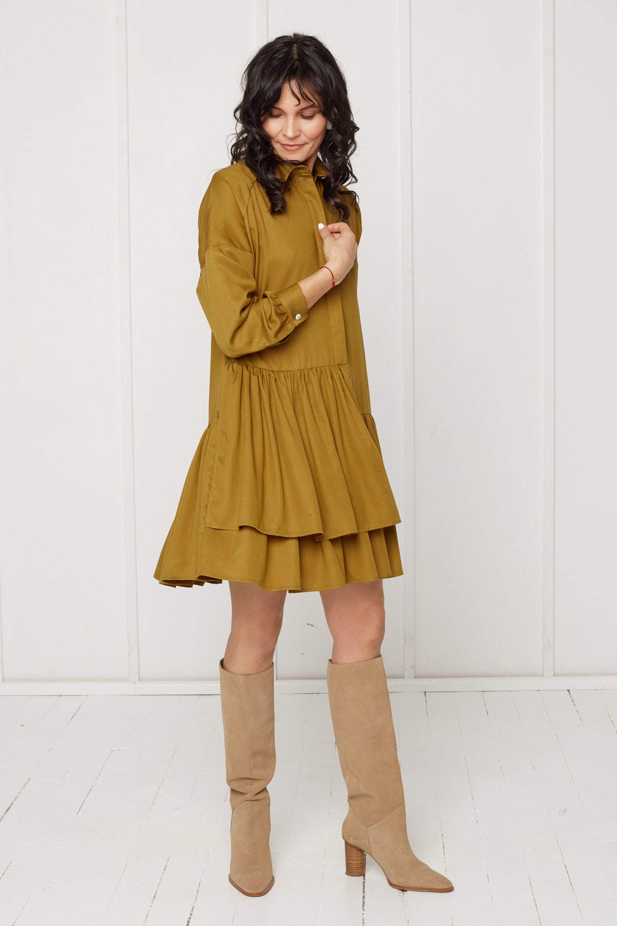 EVA tencel shirt dress with double front frill in olive green