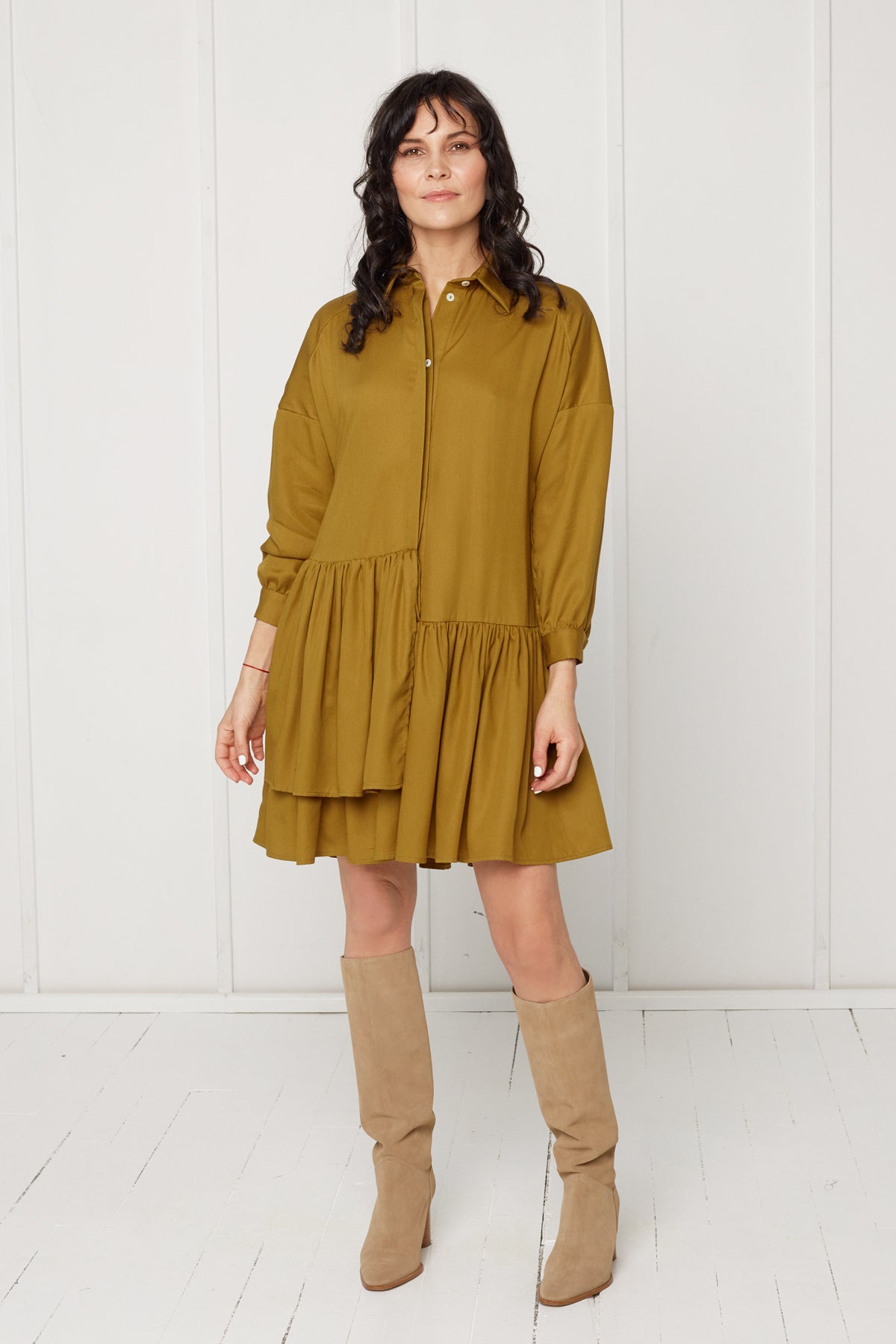 EVA tencel shirt dress with double front frill in olive green