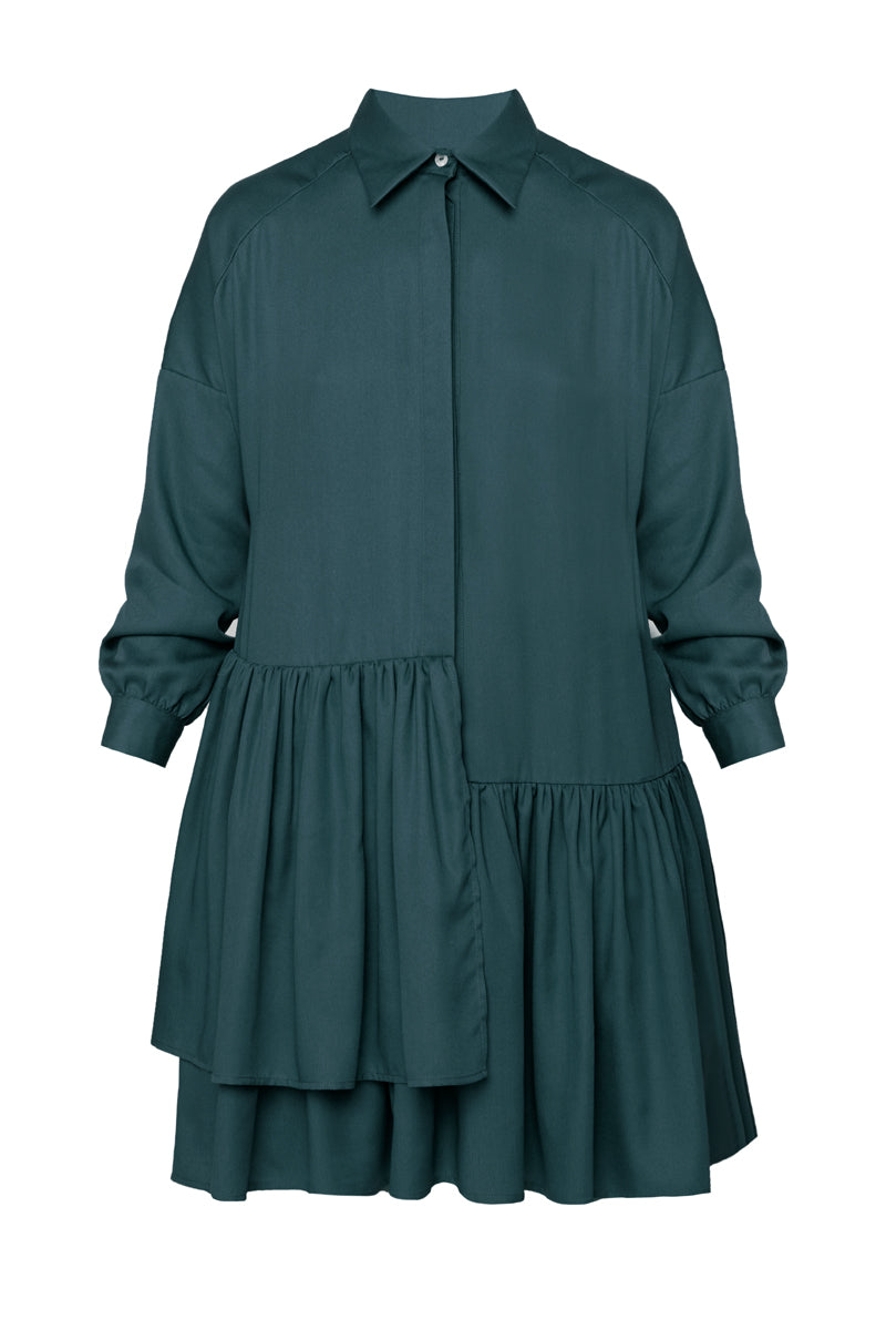 EVA tencel shirt dress with double front frill in teal blue