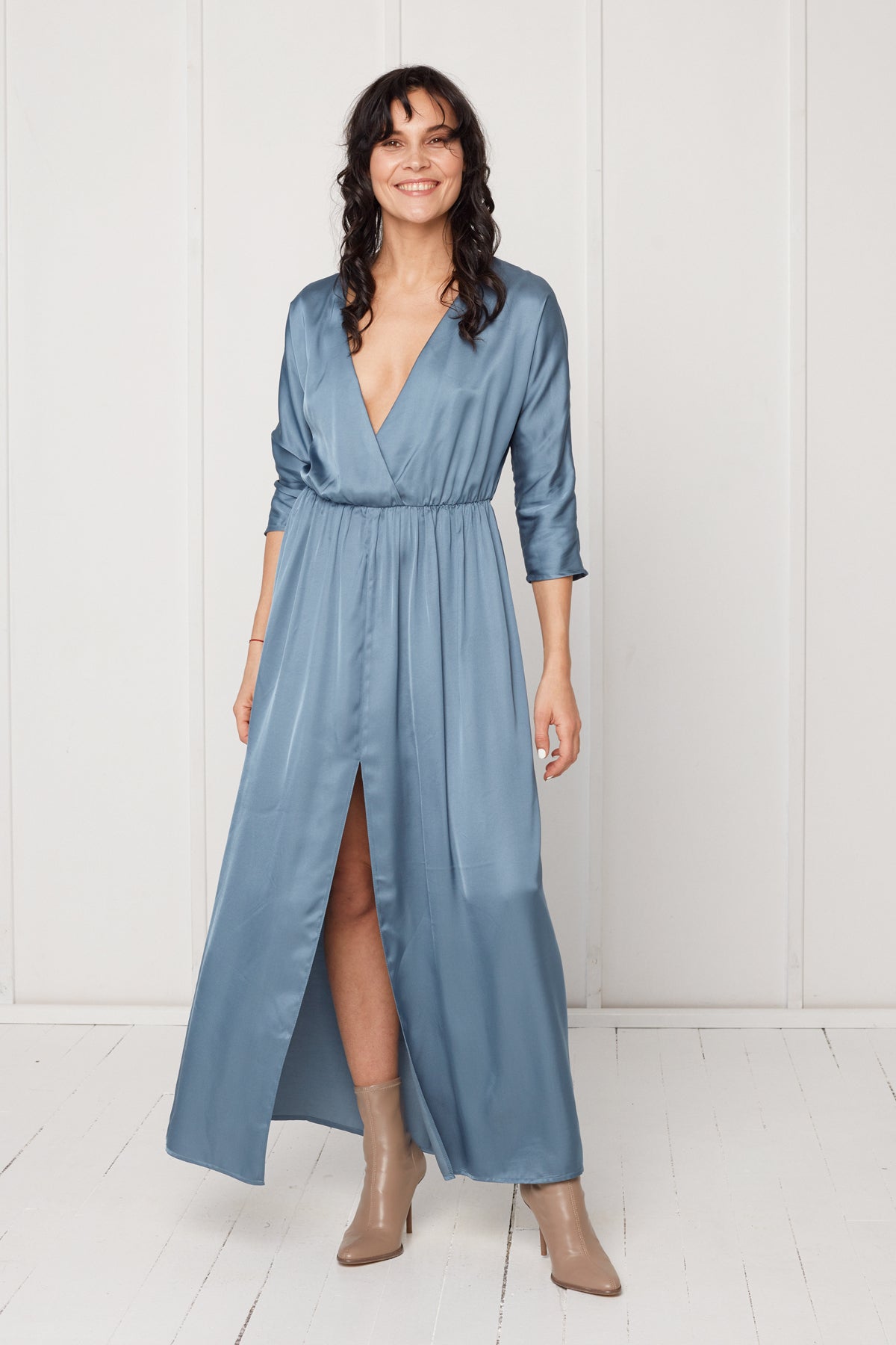 CECILIA oversized kimono sleeve maxi dress in stone blue