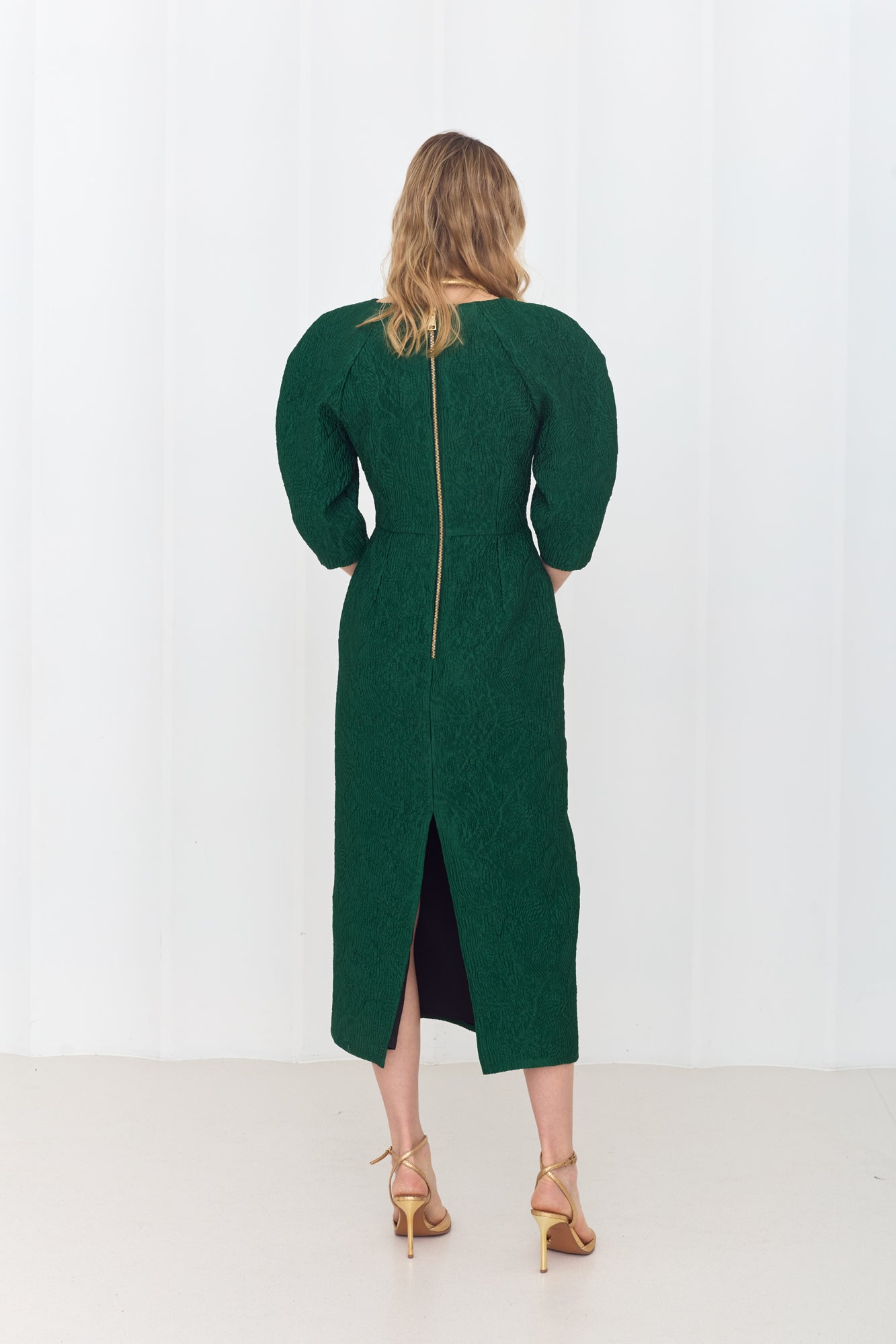 NOLA Deep Emerald Green Jacquard Midi Dress with Puffed Sleeves