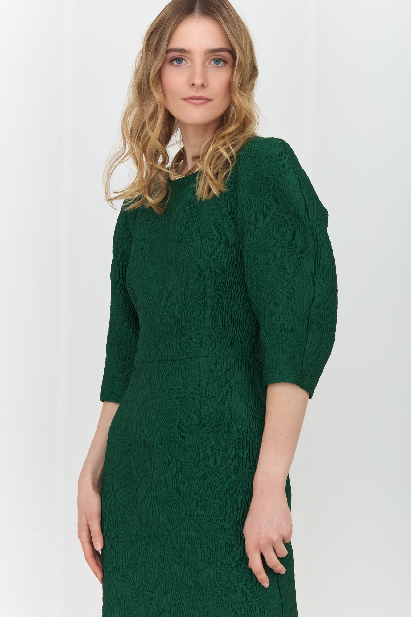 NOLA Deep Emerald Green Jacquard Midi Dress with Puffed Sleeves