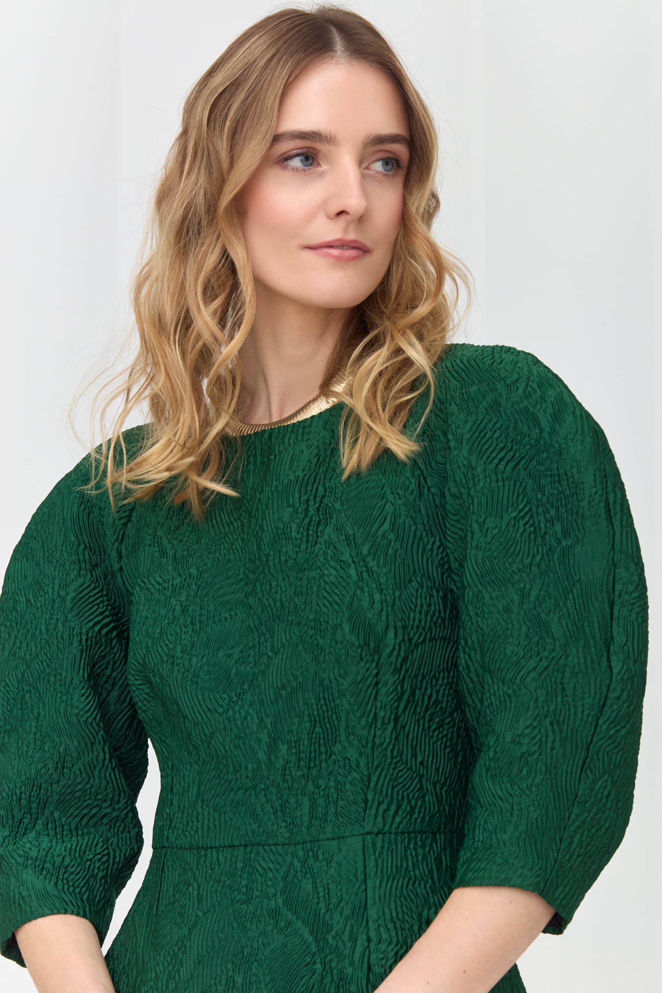 NOLA Deep Emerald Green Jacquard Midi Dress with Puffed Sleeves