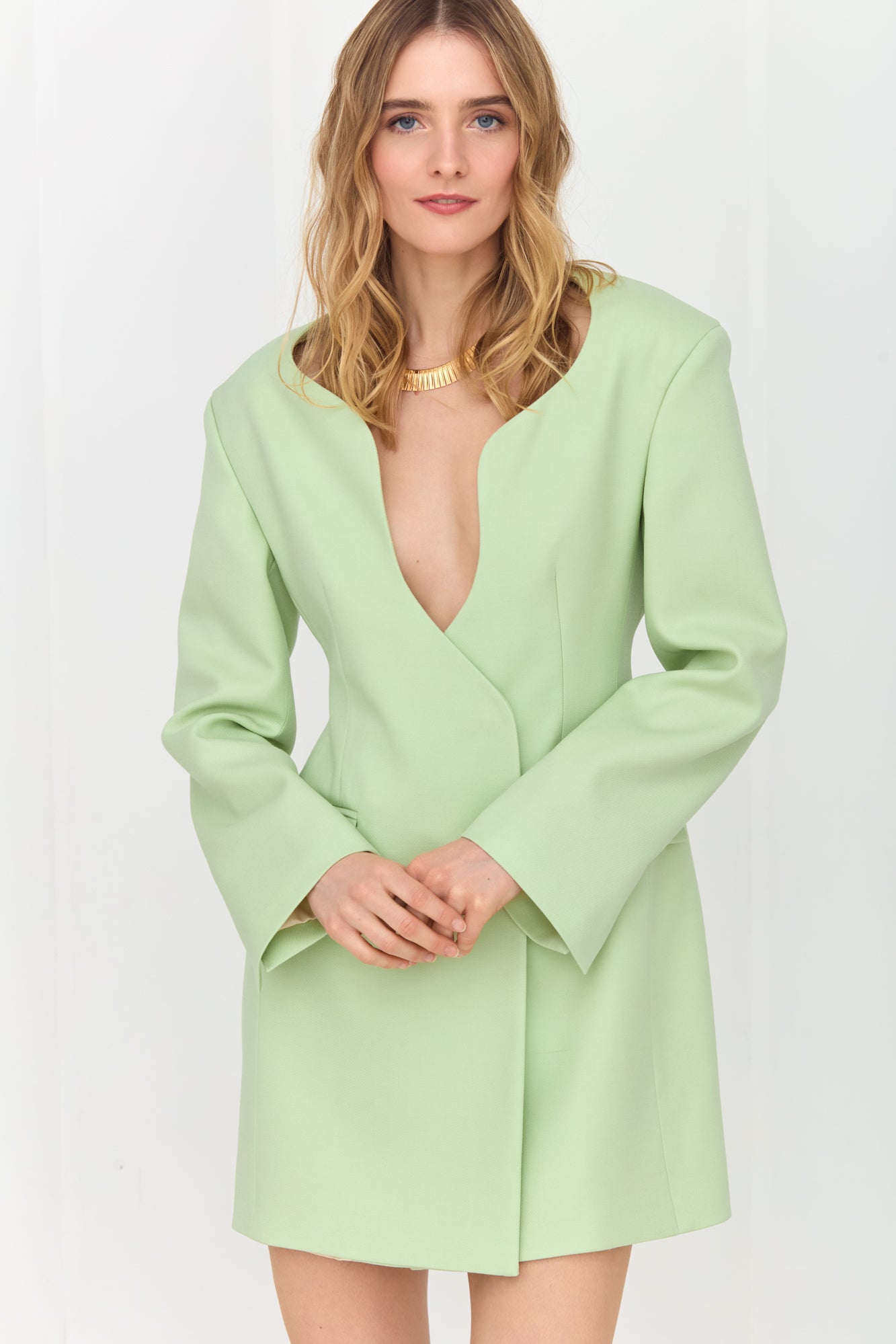 JUANA Pastel Green Mini Blazer Dress with Gently Waved Edges