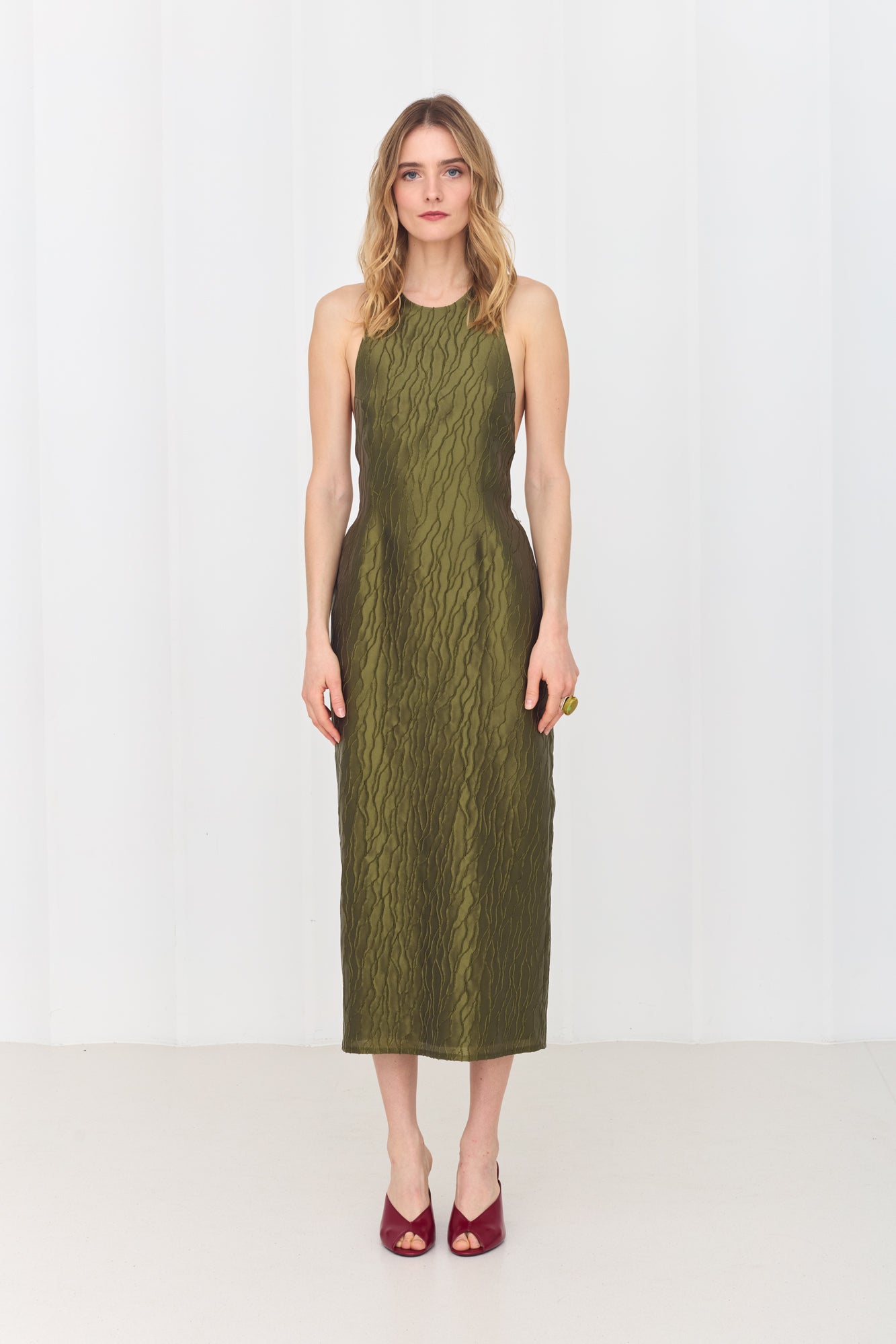 VERONICA Open Back Olive Green Midi Dress with Sparkling Crystals Back Chain
