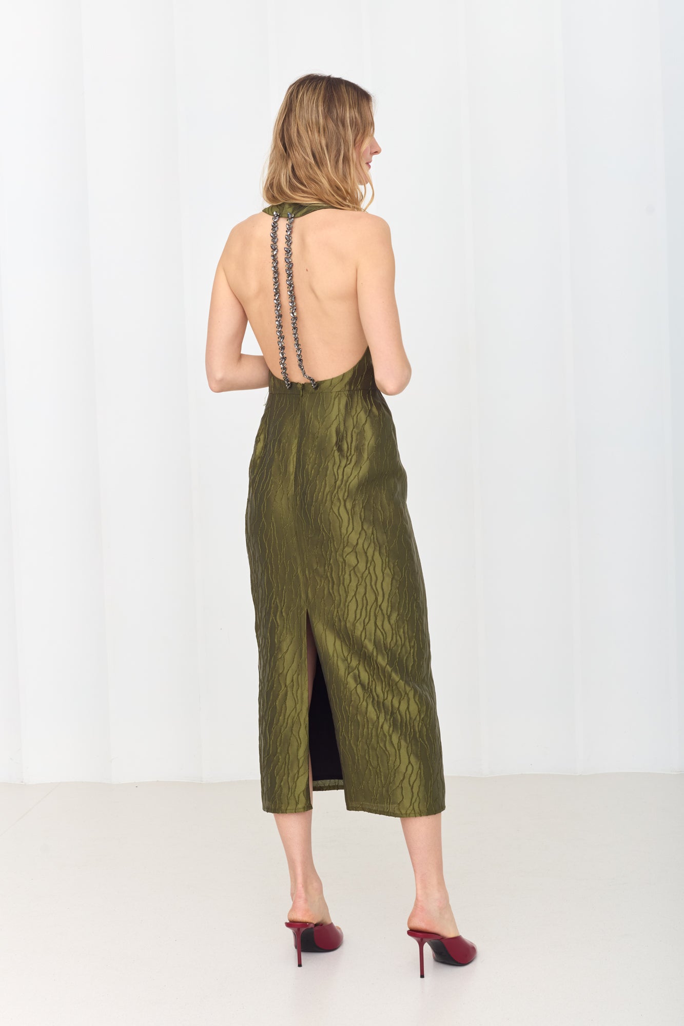 VERONICA Open Back Olive Green Midi Dress with Sparkling Crystals Back Chain