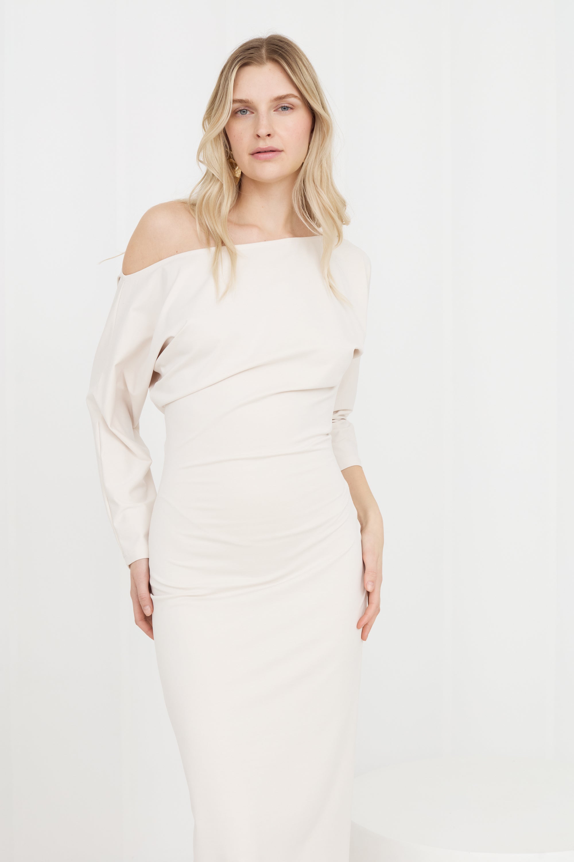 THEA White Bodycon Dress With Cold Shoulders Jersey Midi Dress | UNDRESS THEA White Bodycon Dress With Cold Shoulders Jersey Midi Dress | UNDRESS