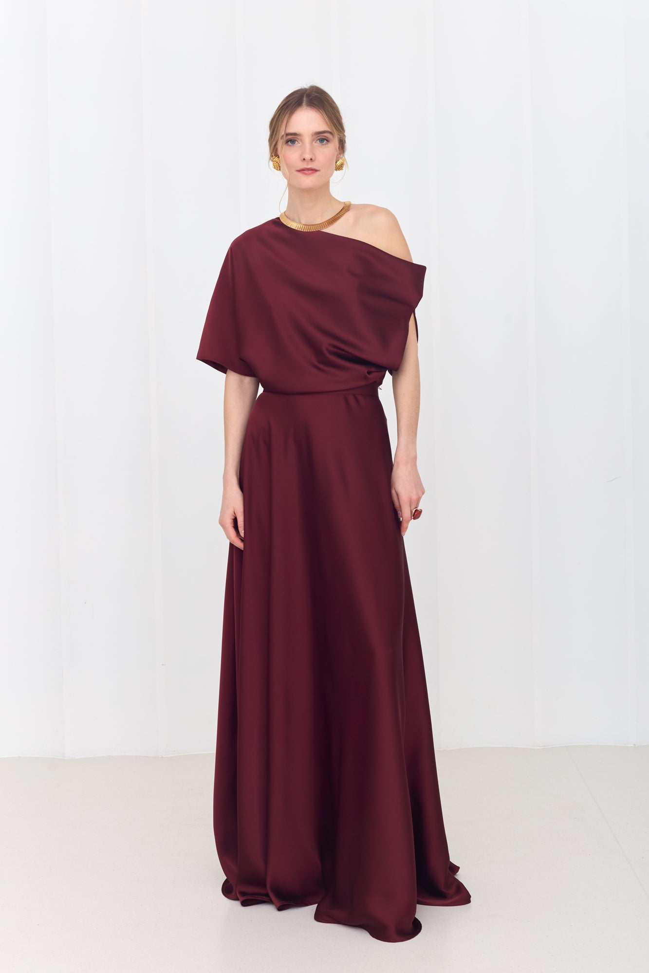 HELEN Rich Burgundy Maxi Dress with Asymmetric Sleeves