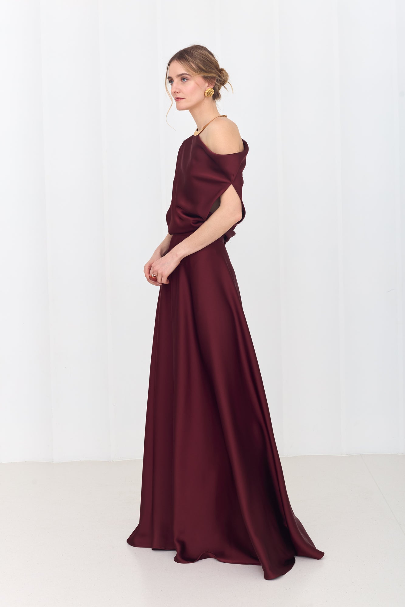 HELEN Rich Burgundy Maxi Dress with Asymmetric Sleeves
