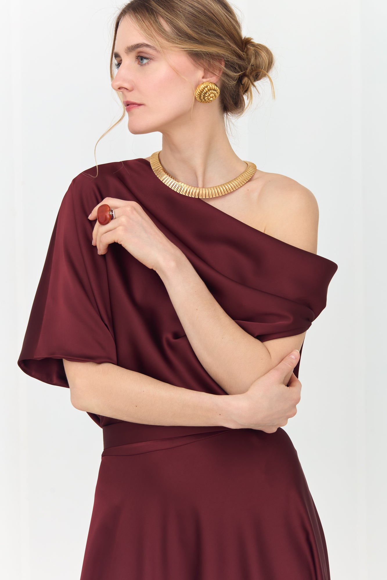 HELEN Rich Burgundy Maxi Dress with Asymmetric Sleeves
