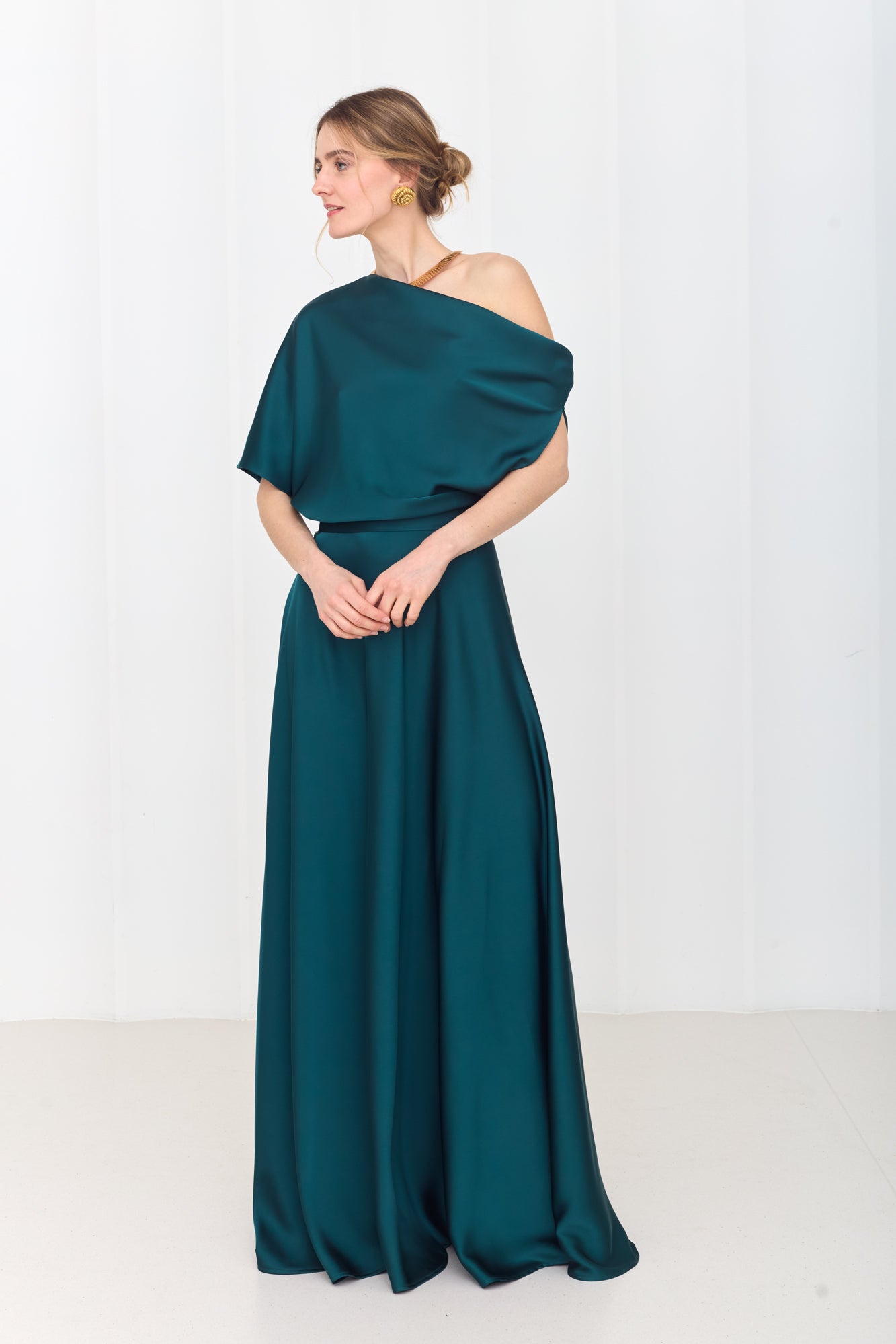 HELEN Teal Blue Green Maxi Dress with Asymmetric Sleeves