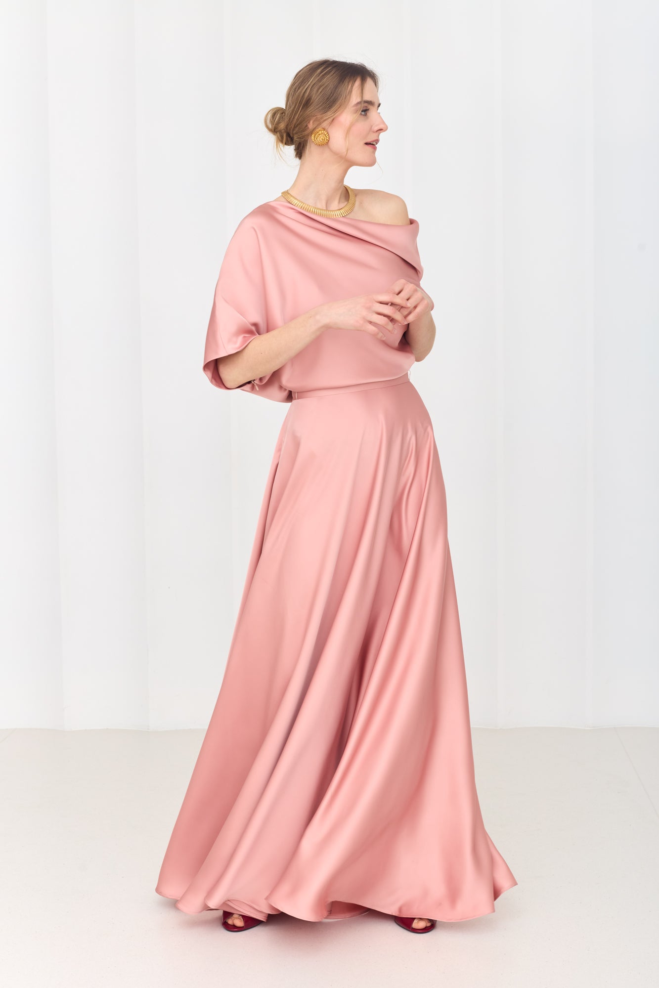 HELEN Dusty Pink Maxi Dress with Asymmetric Sleeves