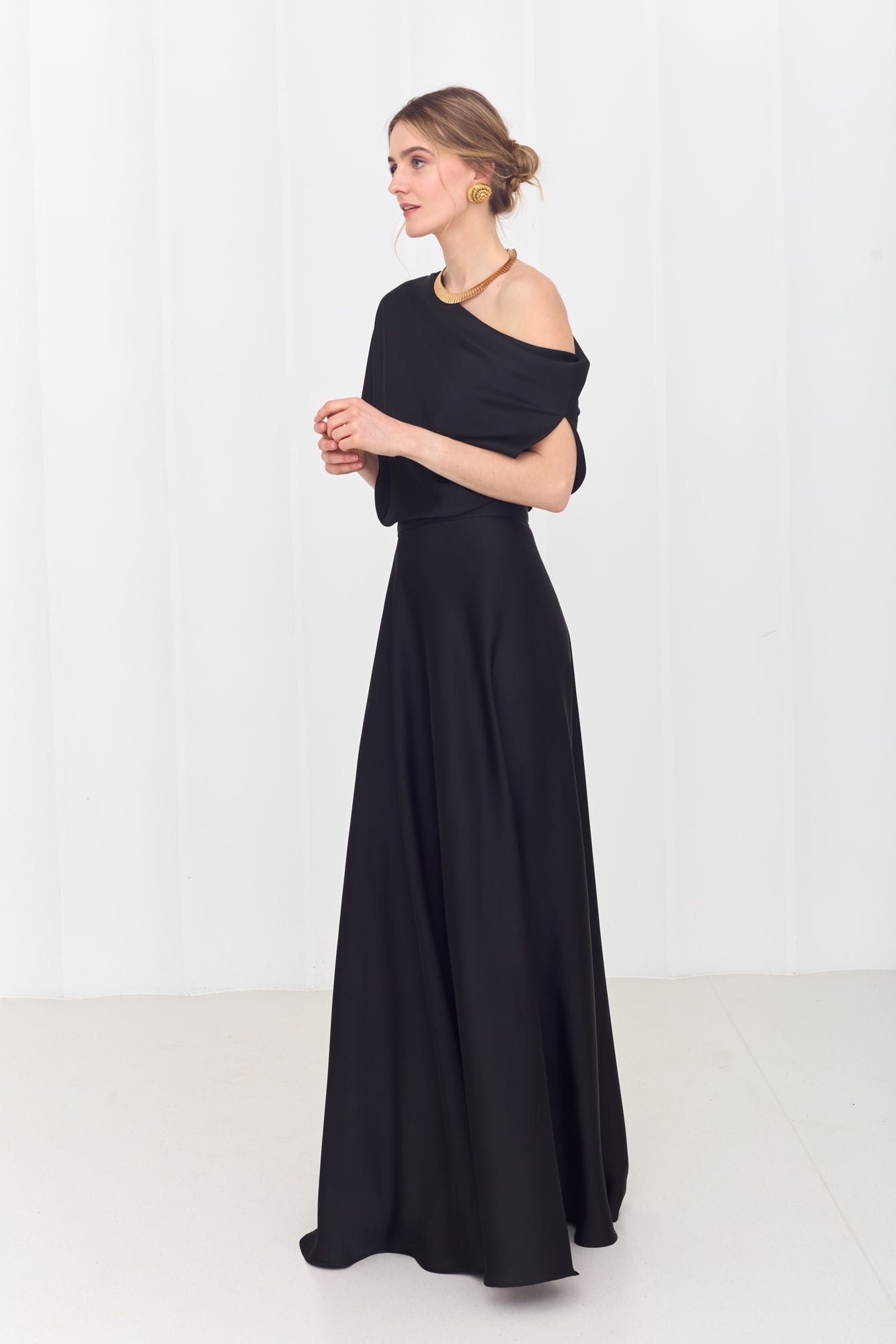 HELEN Black Maxi Dress with Asymmetric Sleeves
