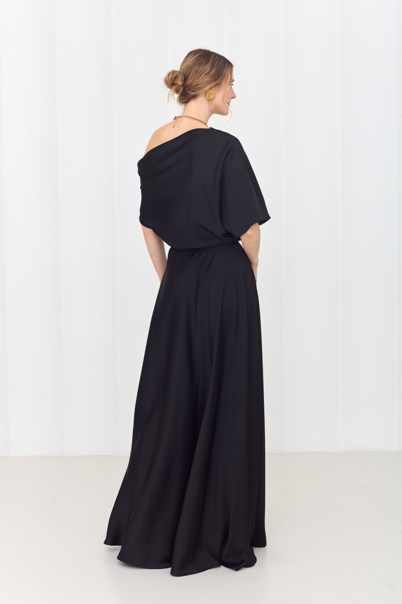 HELEN Black Maxi Dress with Asymmetric Sleeves
