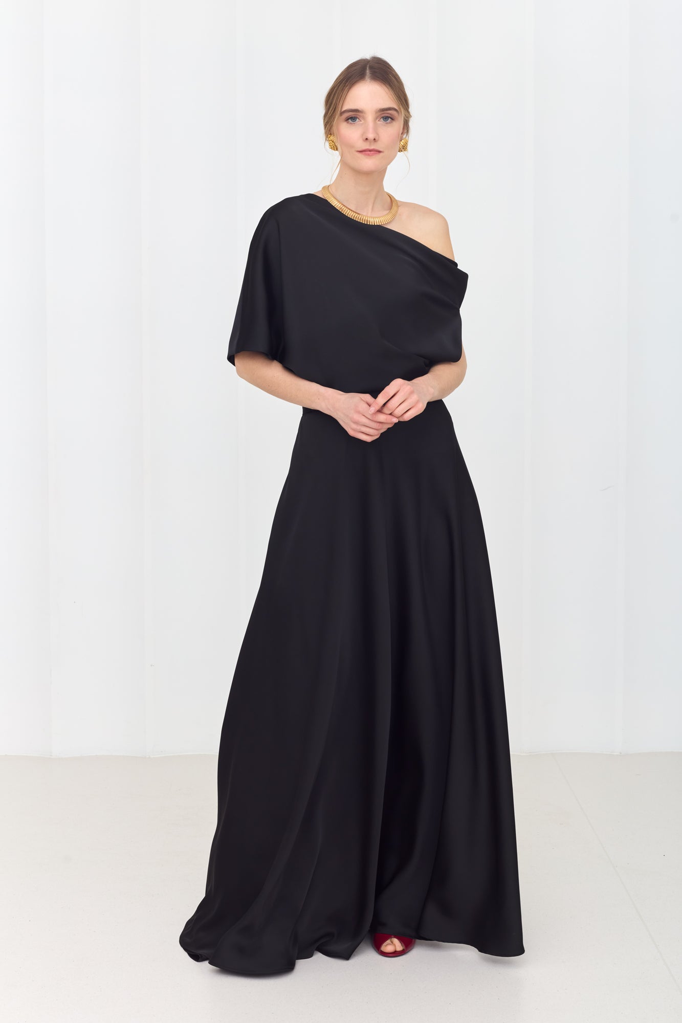 HELEN Black Maxi Dress with Asymmetric Sleeves