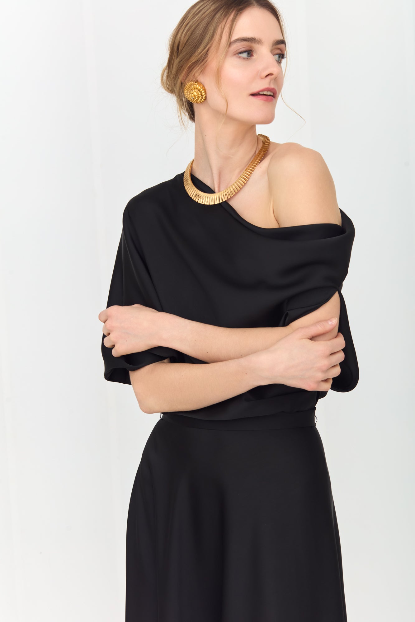 HELEN Black Maxi Dress with Asymmetric Sleeves