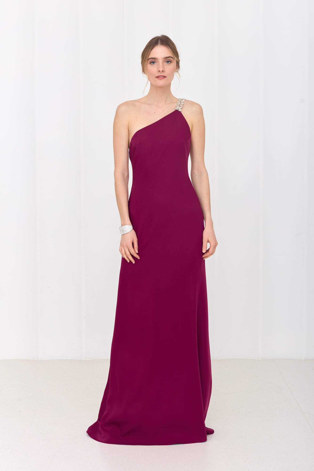 GLORIA Fuchsia Pink Maxi Dress with One-Shoulder Sparkling Straps