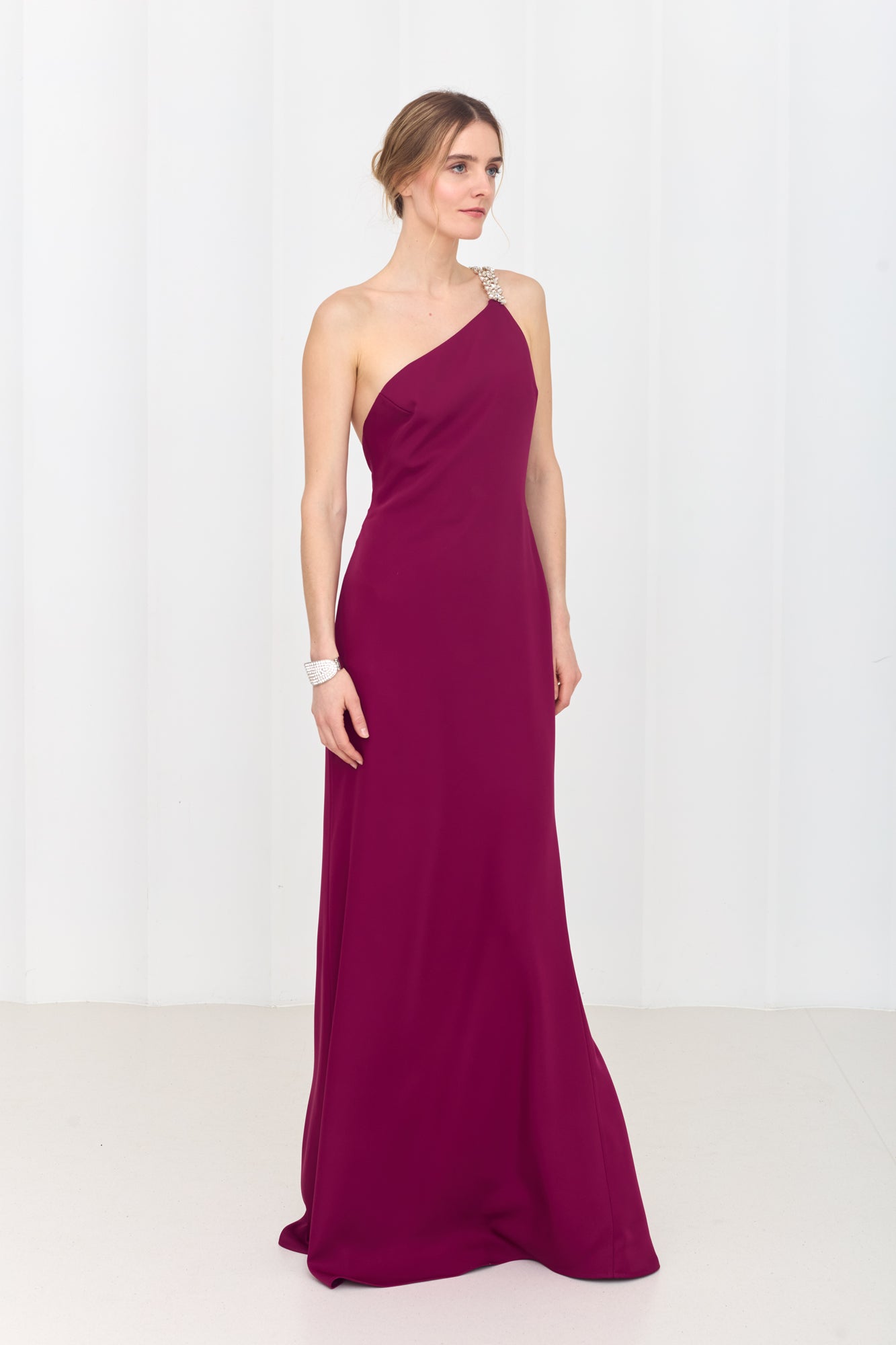 GLORIA Fuchsia Pink Maxi Dress with One-Shoulder Sparkling Straps