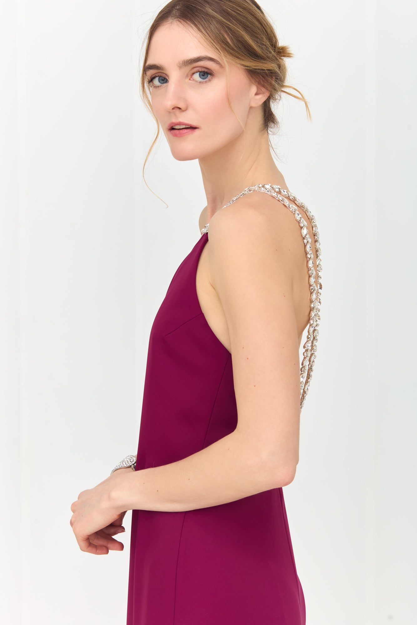 GLORIA Fuchsia Pink Maxi Dress with One-Shoulder Sparkling Straps