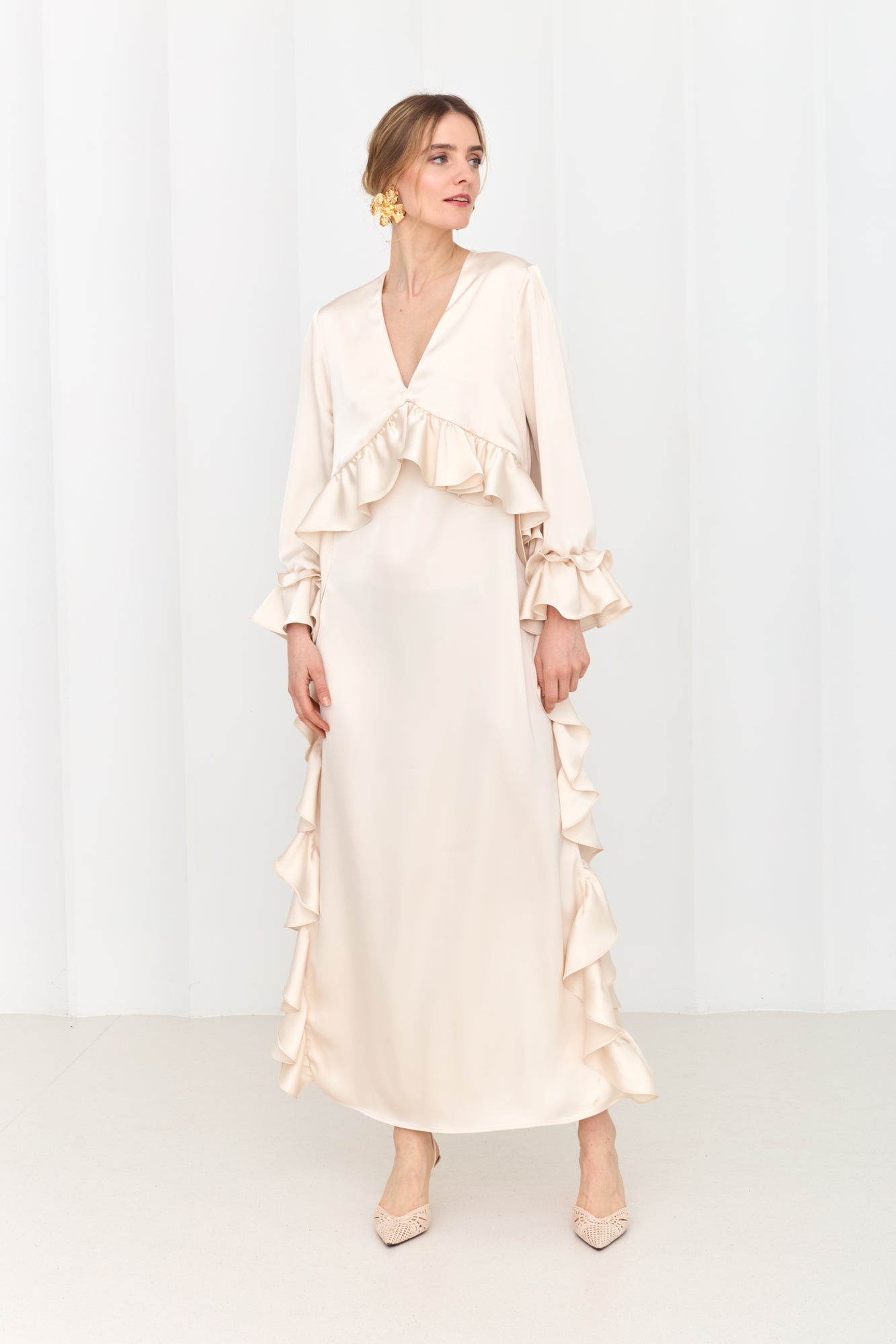 MARIS Pastel Maxi Ruffle Boho Chic Dress With Side Slits