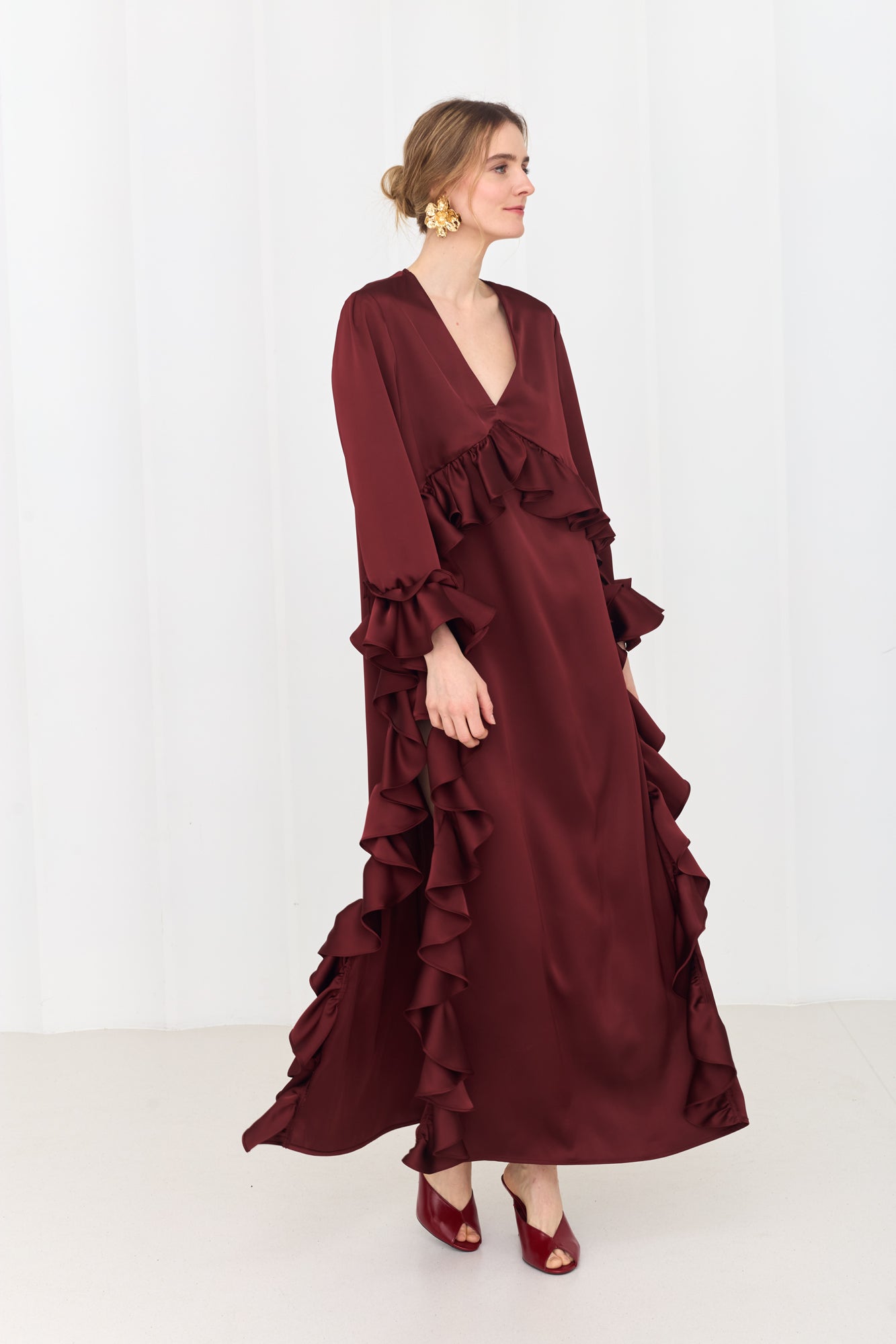 MARIS Deep Red Maxi Ruffle Boho Chic Dress With Side Slits