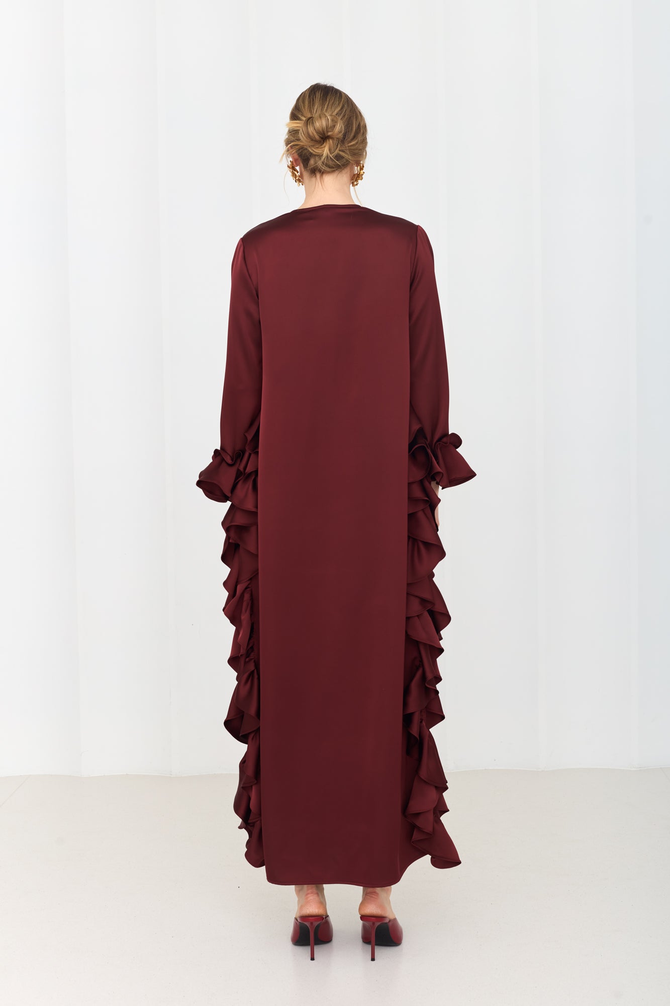 MARIS Deep Red Maxi Ruffle Boho Chic Dress With Side Slits