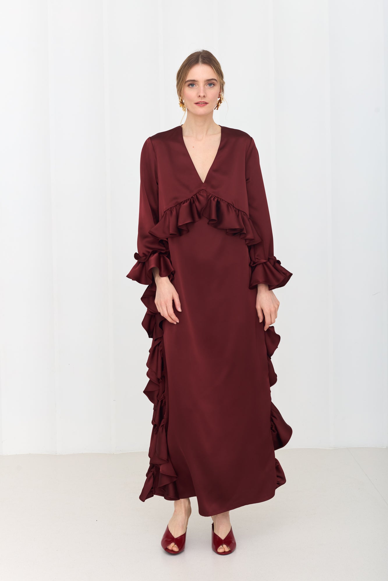 MARIS Deep Red Maxi Ruffle Boho Chic Dress With Side Slits