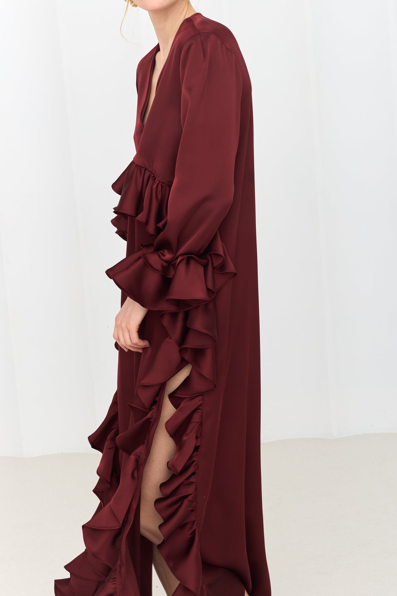 MARIS Deep Red Maxi Ruffle Boho Chic Dress With Side Slits