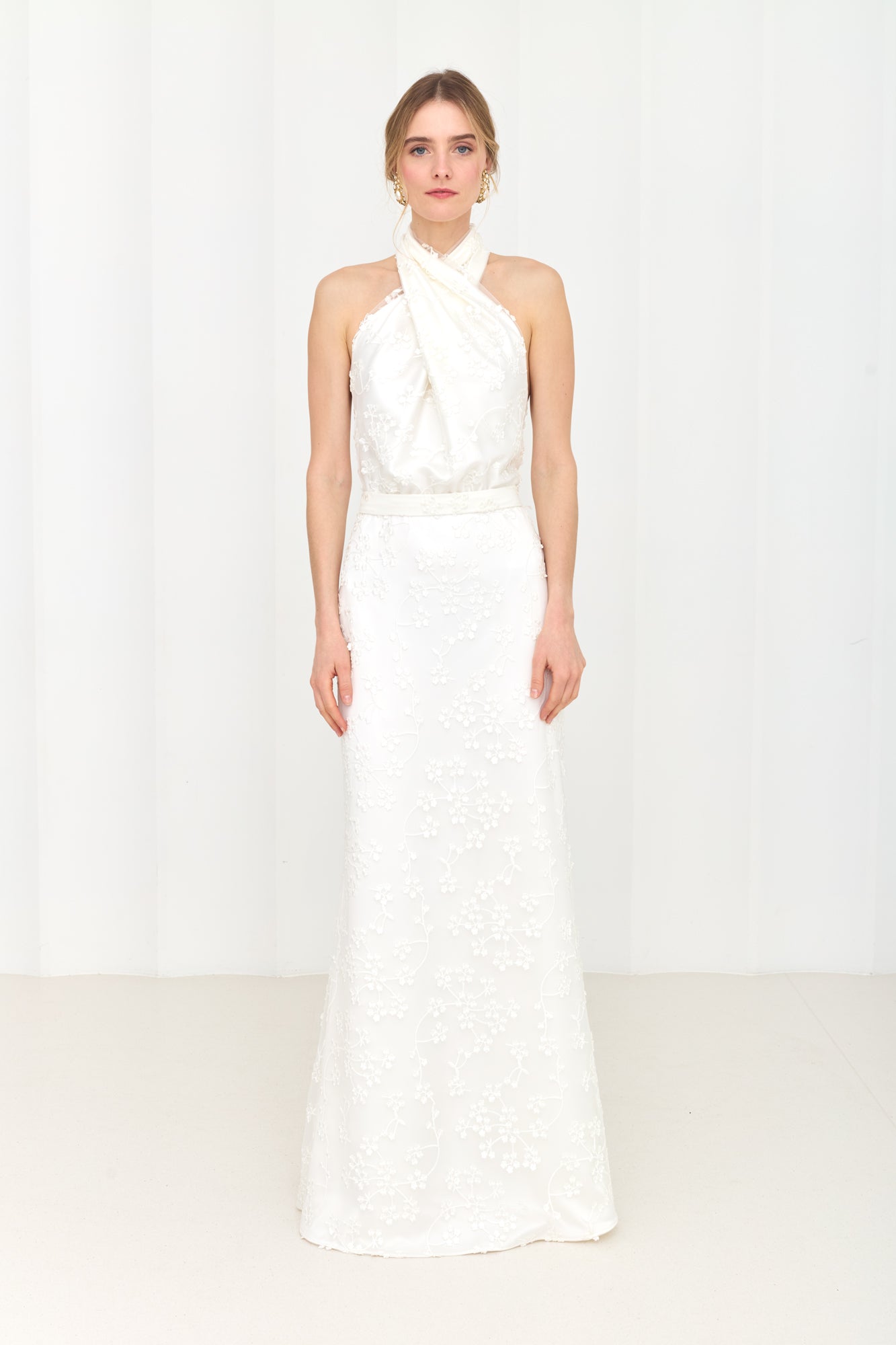 ALIUR White Lace Wedding Gown with X Neckline