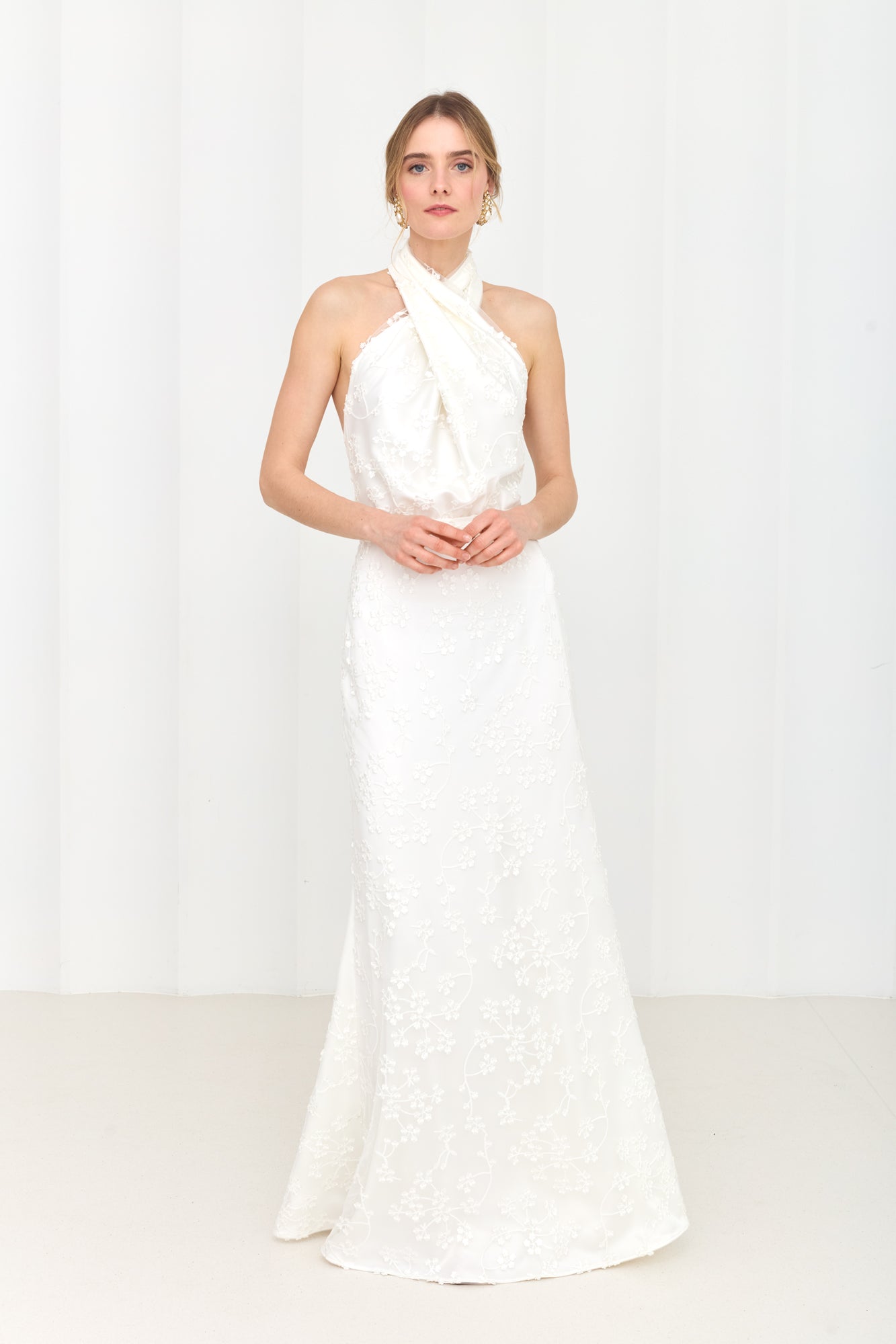 ALIUR White Lace Wedding Gown with X Neckline