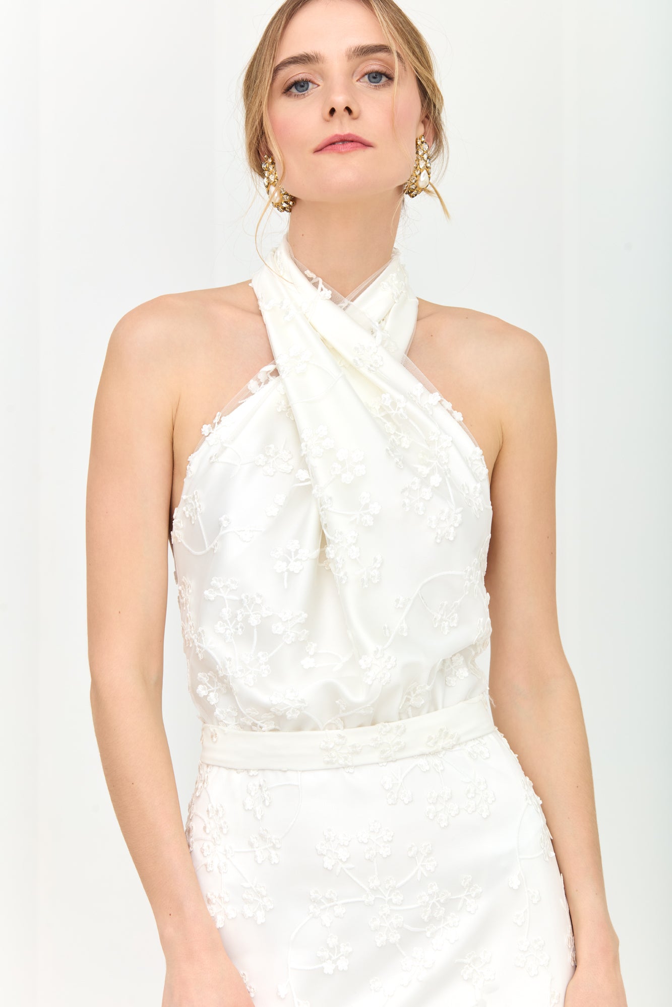 ALIUR White Lace Wedding Gown with X Neckline