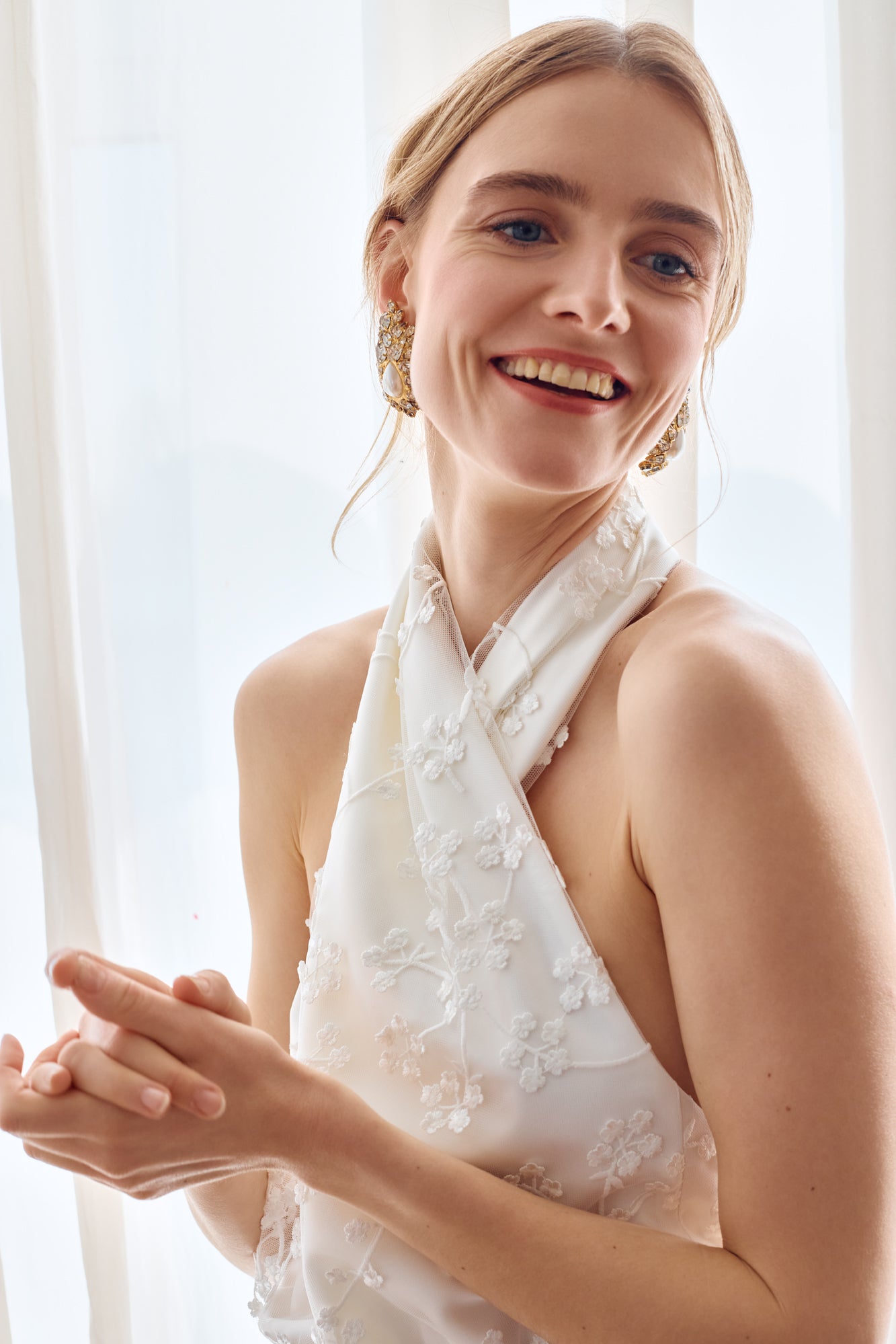 ALIUR White Lace Wedding Gown with X Neckline