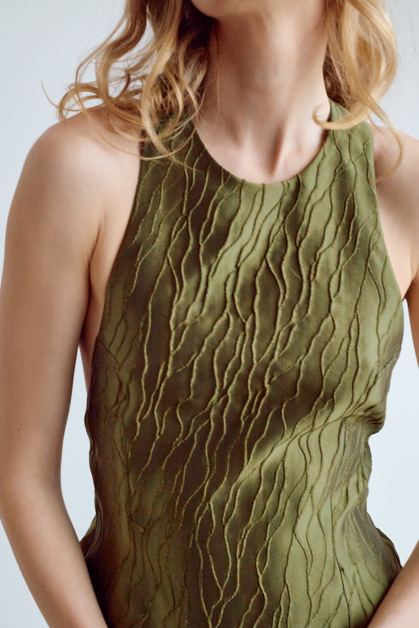 VERONICA Open Back Olive Green Midi Dress with Sparkling Crystals Back Chain